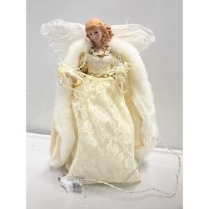 VTG Porcelain Winter Wonderland Feather Wings Light Up 11” Angel Tree Topper